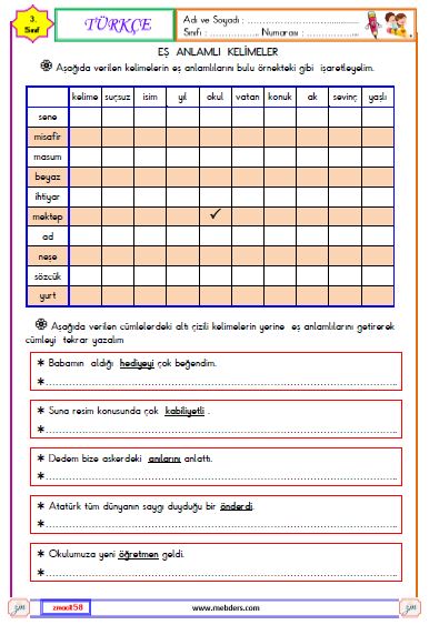 3. Sınıf Türkçe Eş Anlamlı Kelimeler  Etkinliği 1